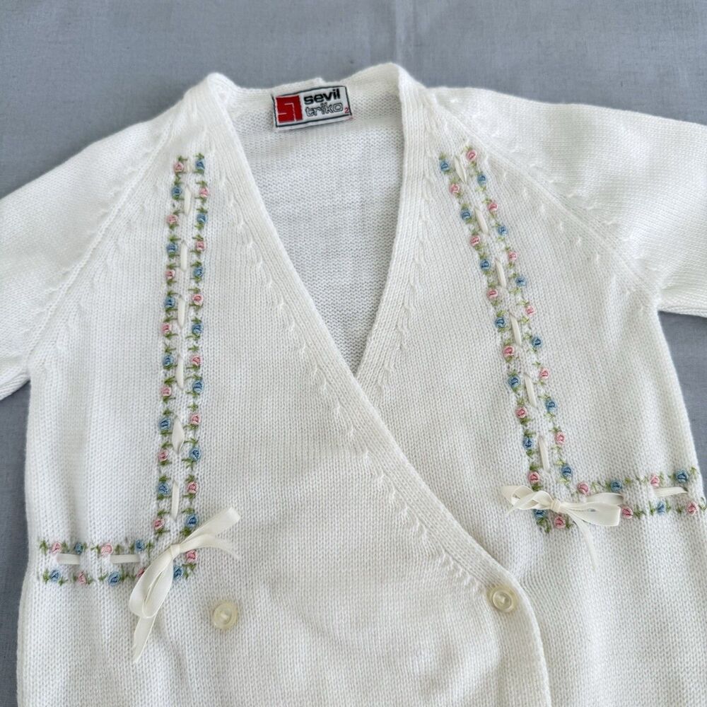 Vintage Sevil Triko Girls 2T Cardigan Double Breasted Sweater Embroidery Flowers - Picture 4 of 14